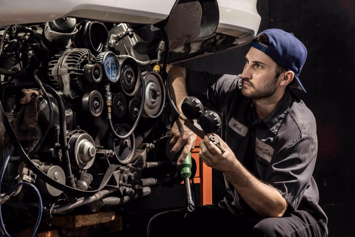 A technician working on an engine assembly at Euro Spec Motoring