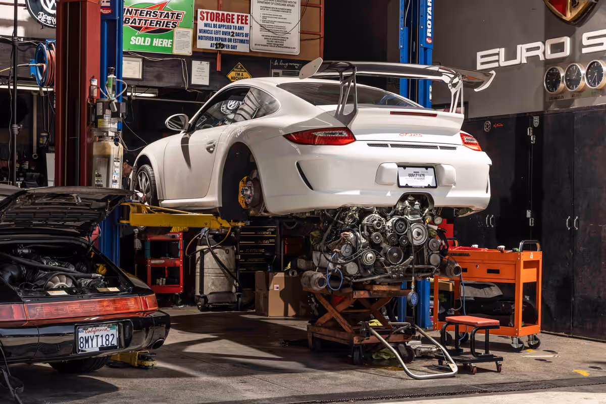 A Porsche raised in a Euro Spec Motoring service bay