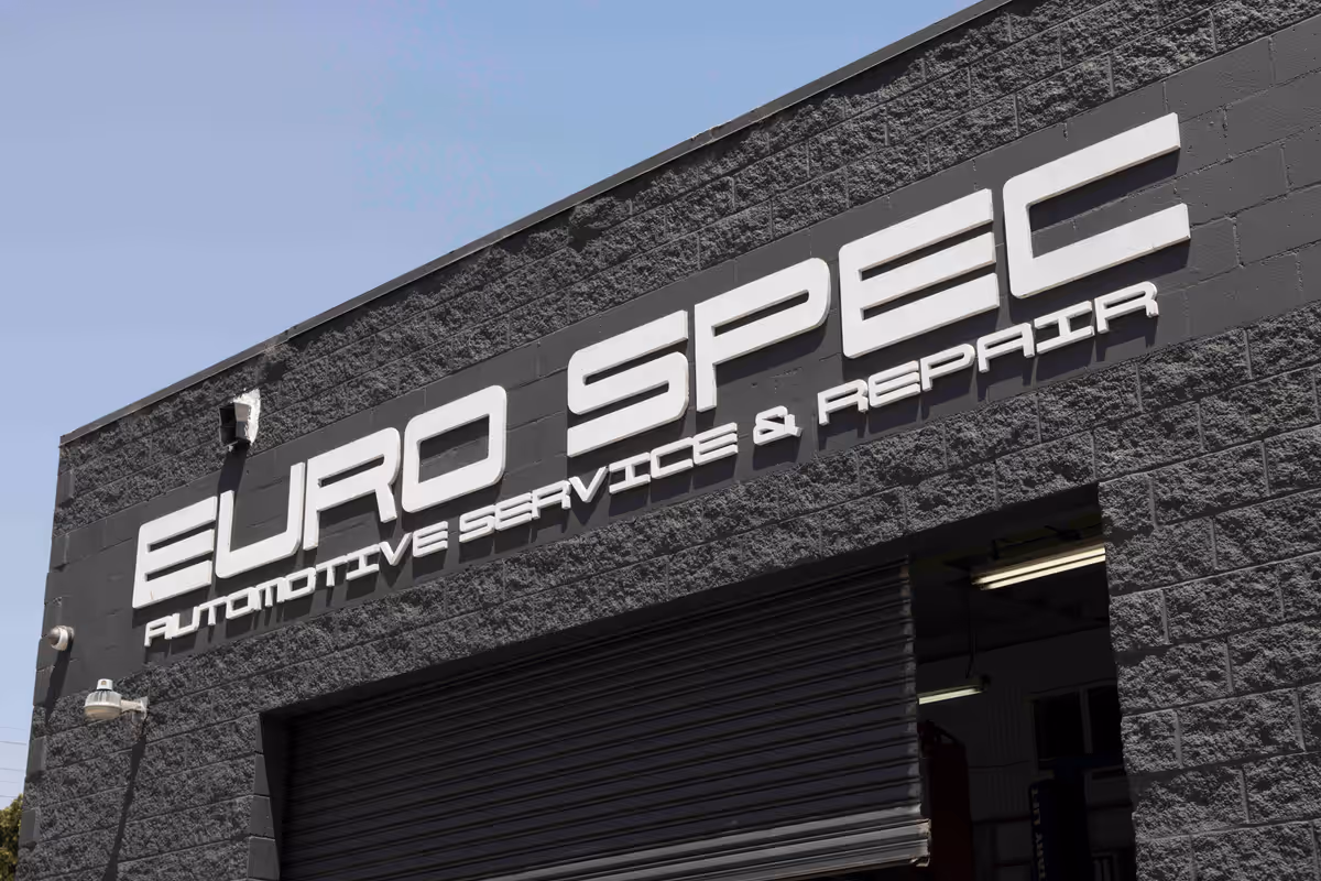 Euro Spec Motoring exterior sign on the black building