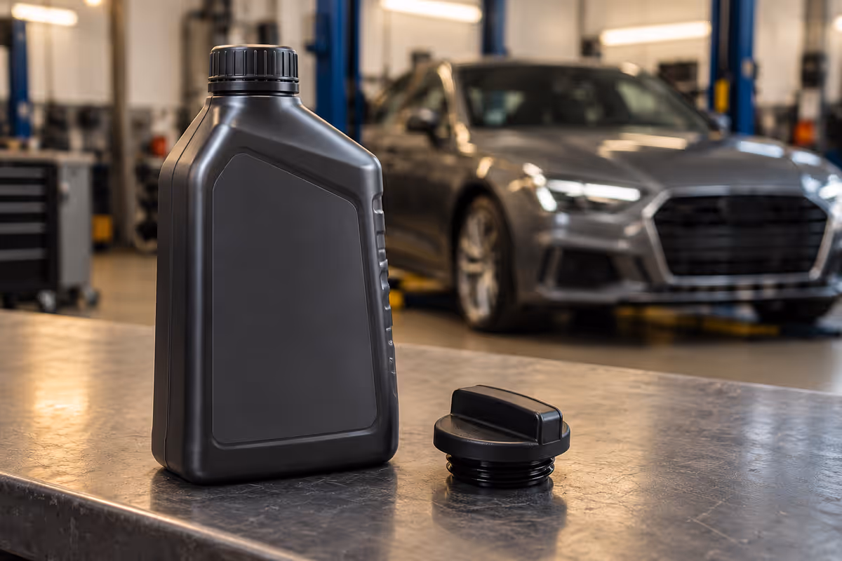 Oil bottle and filler cap on a workbench with an Audi in the background
