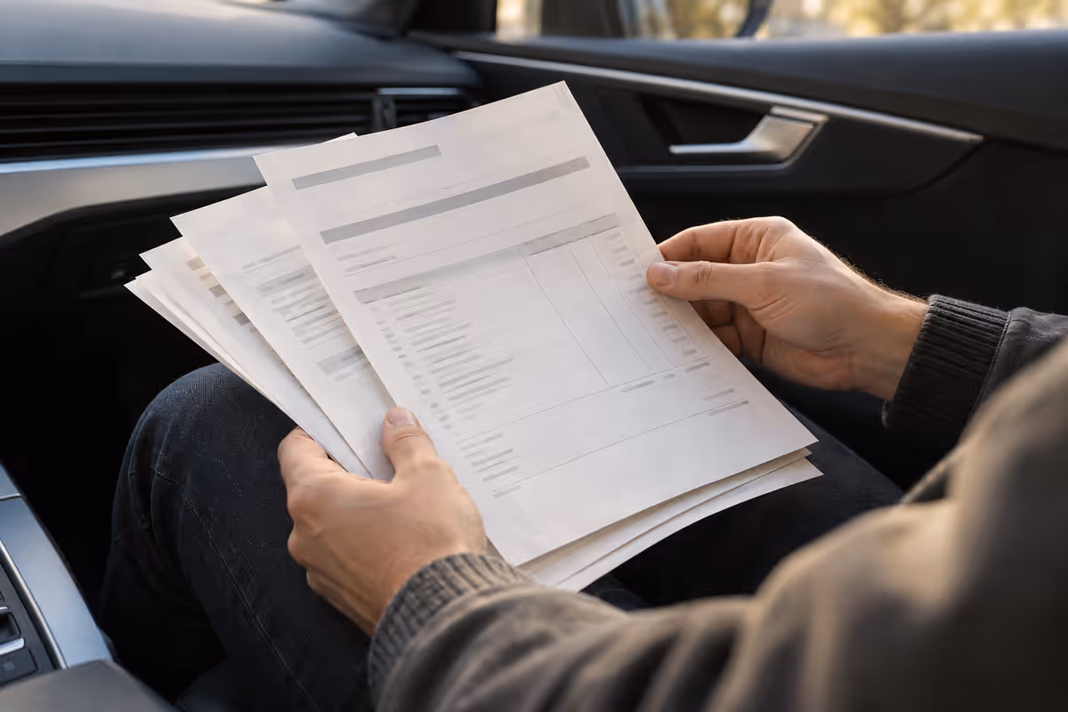Hands reviewing service paperwork inside a car