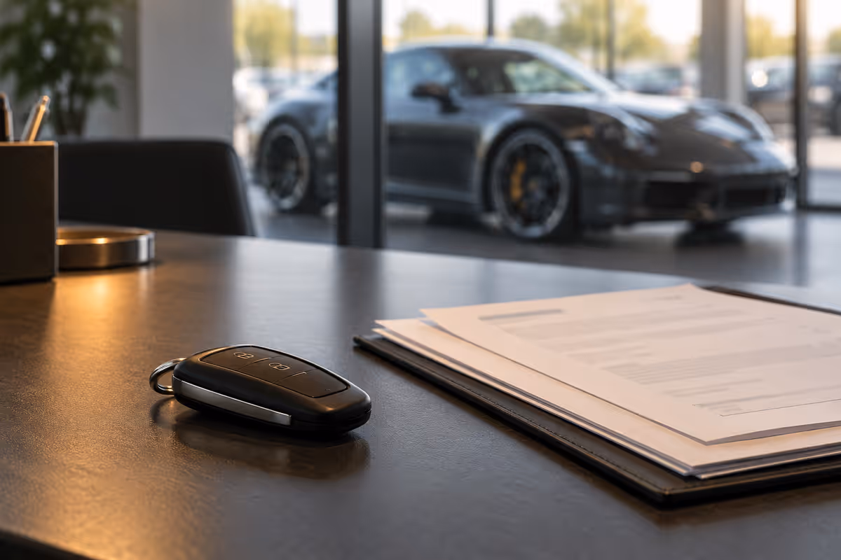 Car key and purchase paperwork with a sports car in the background